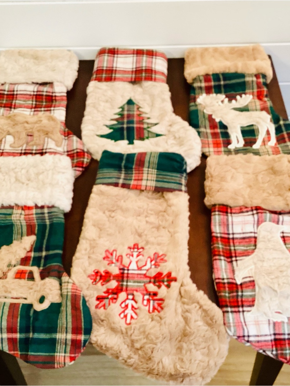 Set of 6 NEW Holiday Plaid and Faux Fur Christmas Stockings